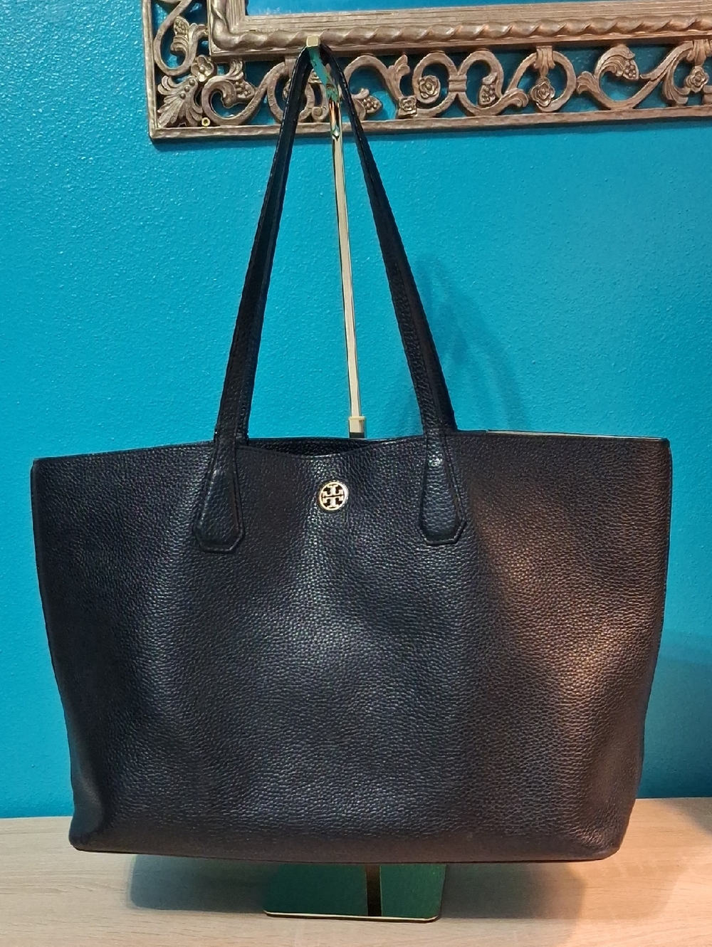 Tory Burch Perry Black Pebbled Leather Tote with Gold Logo